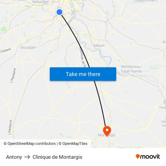 Antony to Clinique de Montargis map