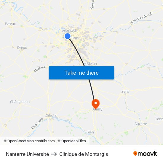 Nanterre Université to Clinique de Montargis map