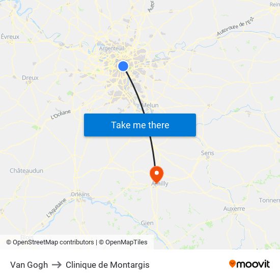 Van Gogh to Clinique de Montargis map