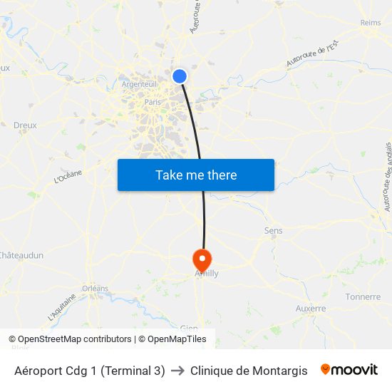 Aéroport Cdg 1 (Terminal 3) to Clinique de Montargis map