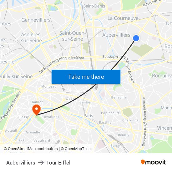 Aubervilliers to Tour Eiffel map
