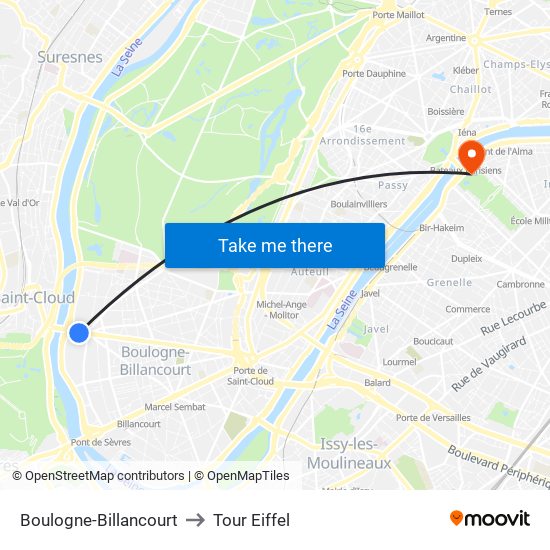 Boulogne-Billancourt to Tour Eiffel map