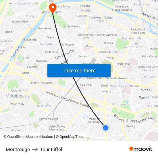 Montrouge to Tour Eiffel map