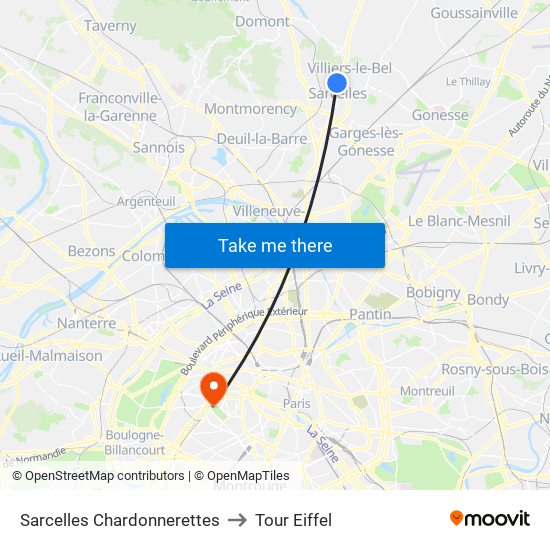 Sarcelles Chardonnerettes to Tour Eiffel map