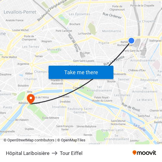 Hôpital Lariboisière to Tour Eiffel map