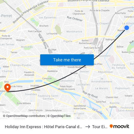 Holiday Inn Express : Hôtel Paris-Canal de la Villette to Tour Eiffel map