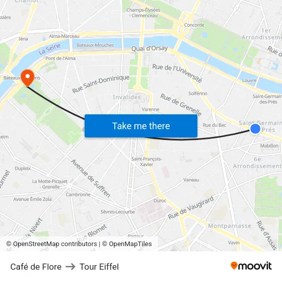 Café de Flore to Tour Eiffel map