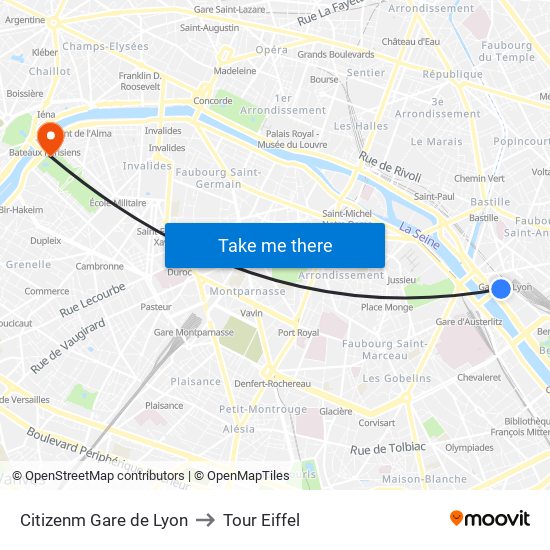 Citizenm Gare de Lyon to Tour Eiffel map