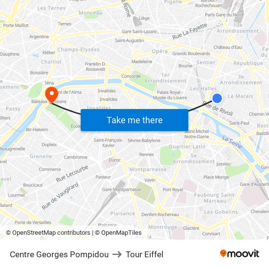 Centre Georges Pompidou to Tour Eiffel map