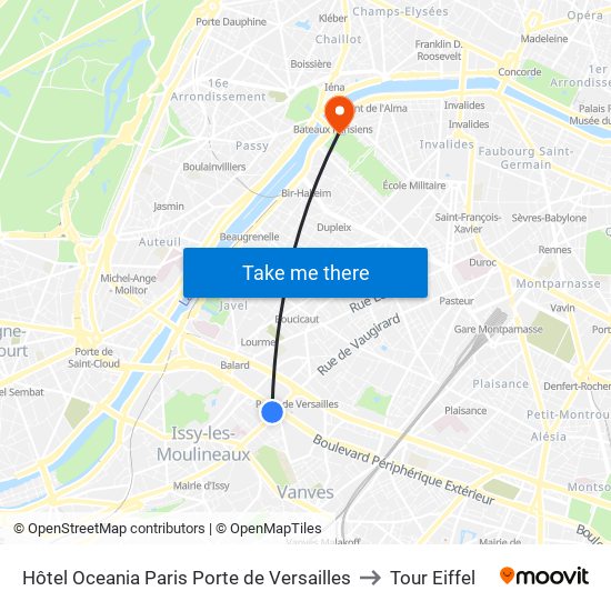 Hôtel Oceania Paris Porte de Versailles to Tour Eiffel map