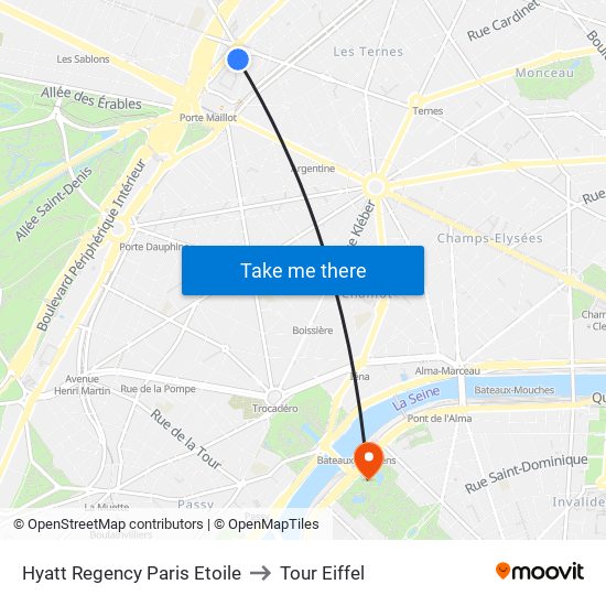 Hyatt Regency Paris Etoile to Tour Eiffel map