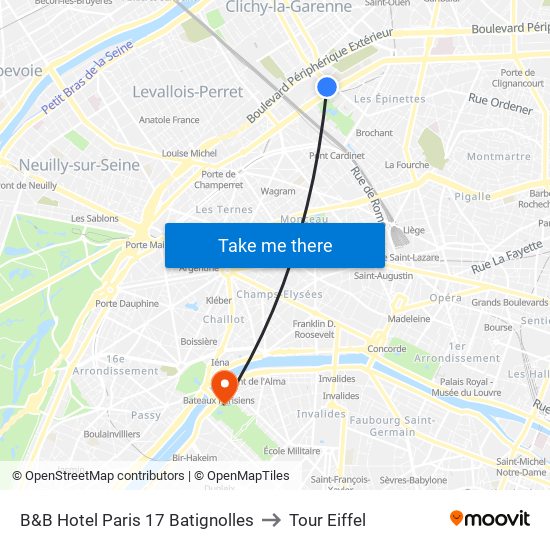 B&B Hotel Paris 17 Batignolles to Tour Eiffel map