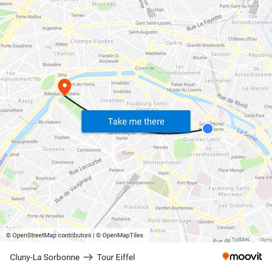 Cluny-La Sorbonne to Tour Eiffel map