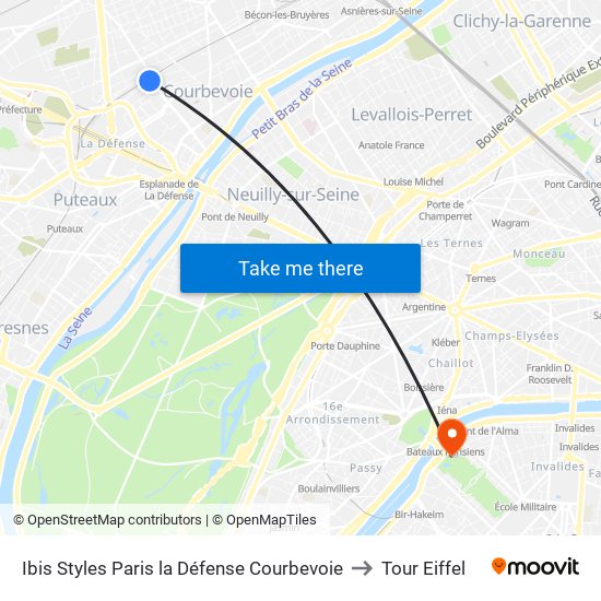 Ibis Styles Paris la Défense Courbevoie to Tour Eiffel map