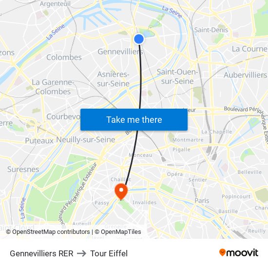 Gennevilliers RER to Tour Eiffel map