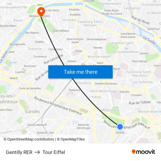Gentilly RER to Tour Eiffel map