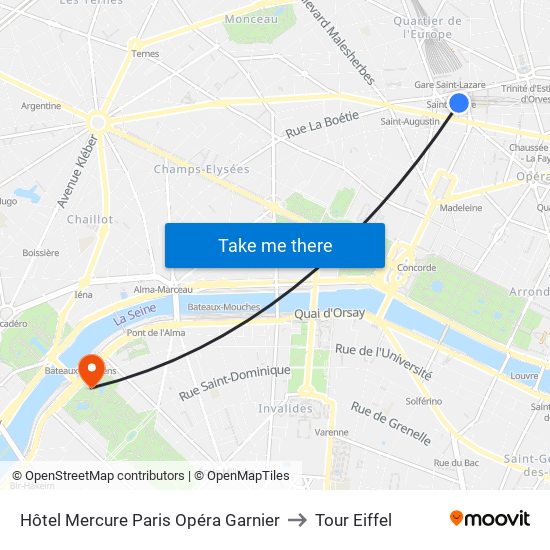 Hôtel Mercure Paris Opéra Garnier to Tour Eiffel map