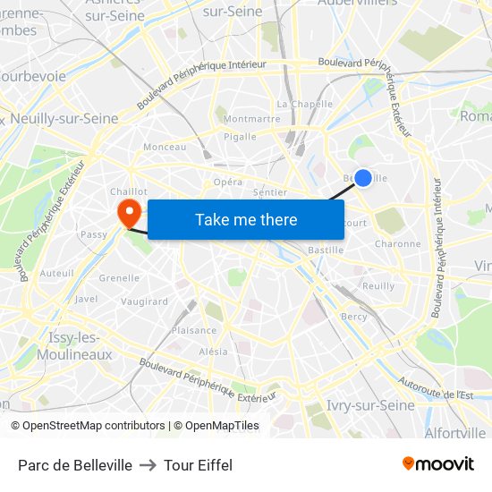 Parc de Belleville to Tour Eiffel map