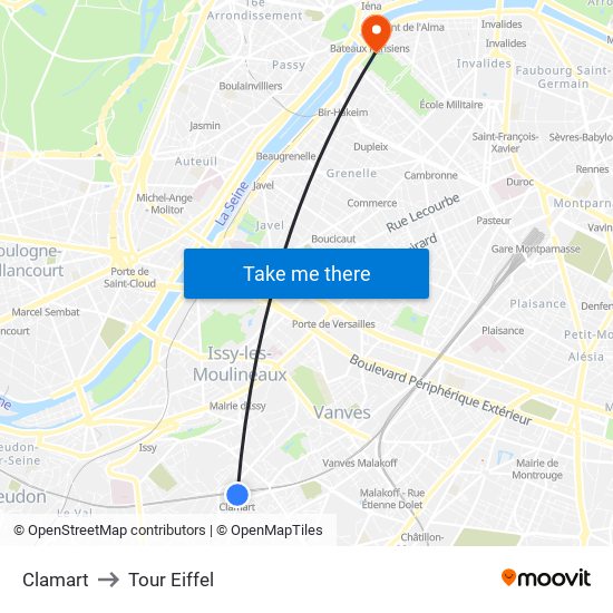 Clamart to Tour Eiffel map