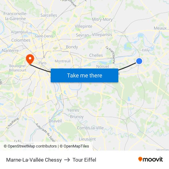 Marne-La-Vallée Chessy to Tour Eiffel map