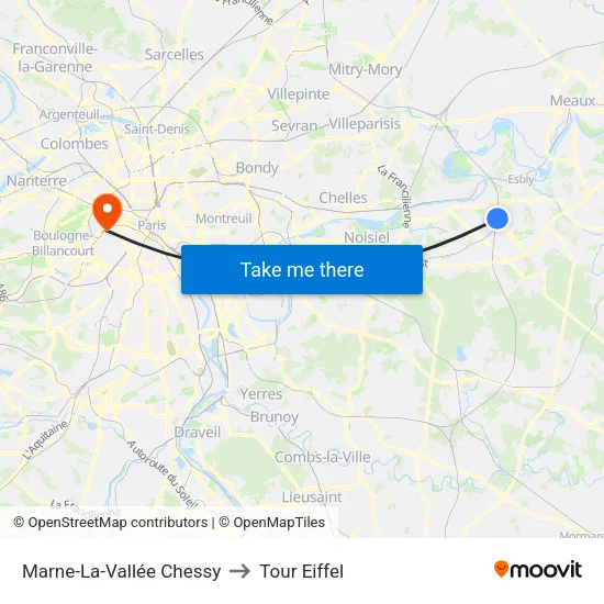 Marne-La-Vallée Chessy to Tour Eiffel map