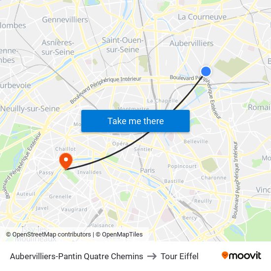 Aubervilliers-Pantin Quatre Chemins to Tour Eiffel map