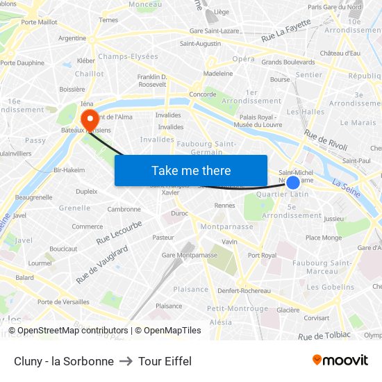 Cluny - la Sorbonne to Tour Eiffel map