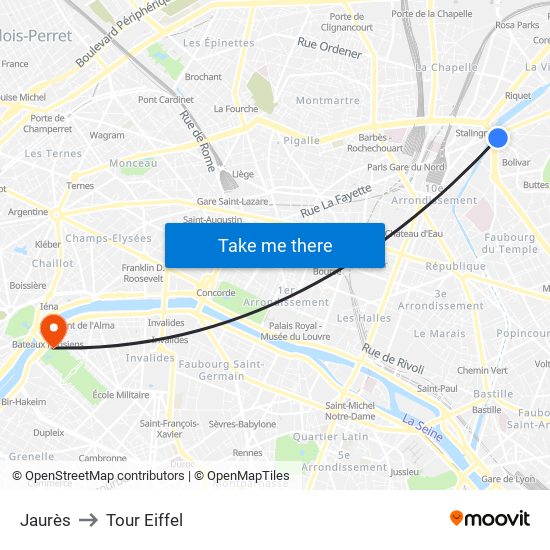 Jaurès to Tour Eiffel map