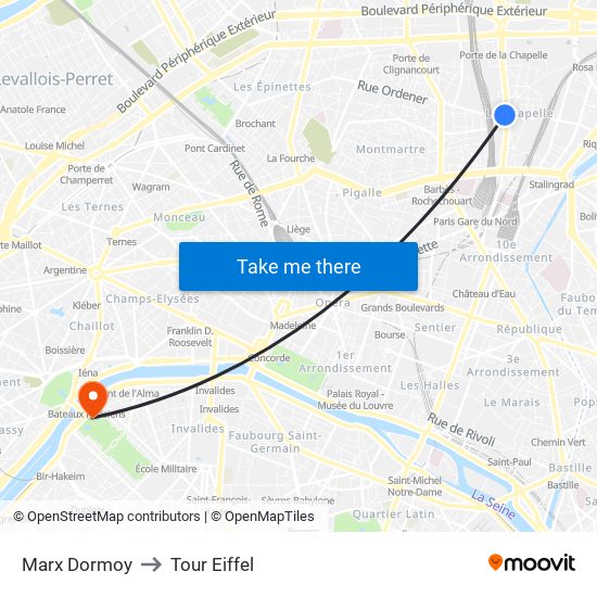 Marx Dormoy to Tour Eiffel map