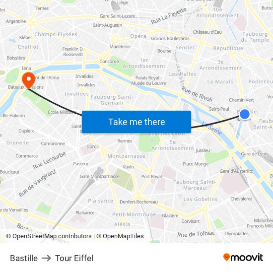 Bastille to Tour Eiffel map