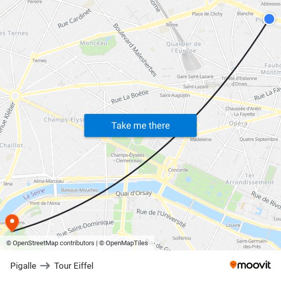 Pigalle to Tour Eiffel map