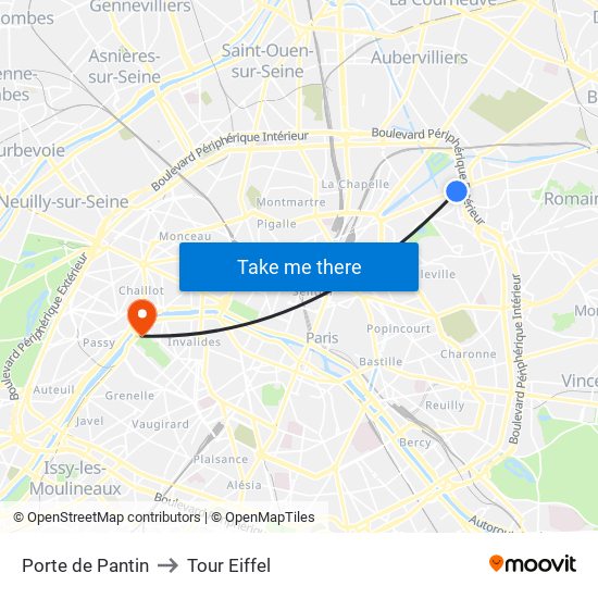 Porte de Pantin to Tour Eiffel map