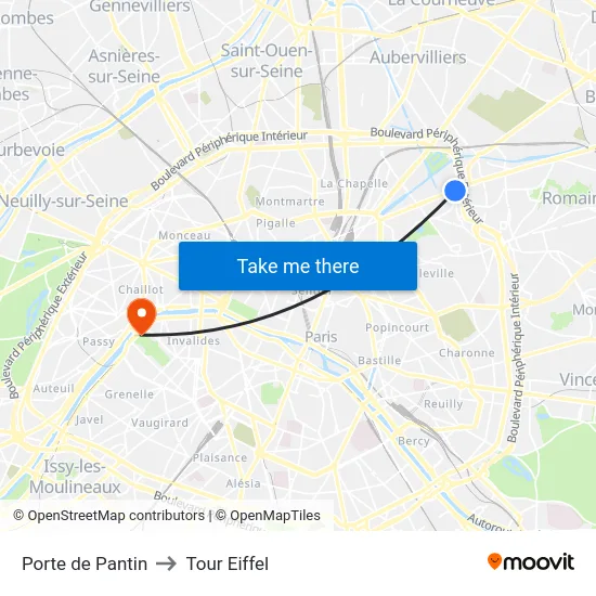 Porte de Pantin to Tour Eiffel map
