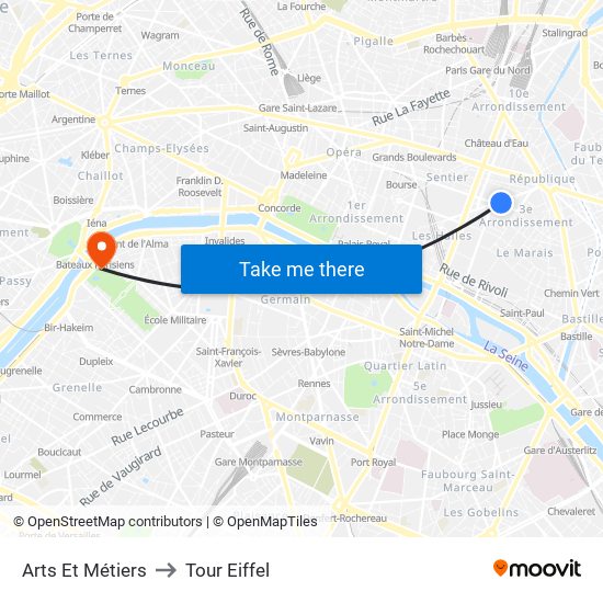 Arts Et Métiers to Tour Eiffel map