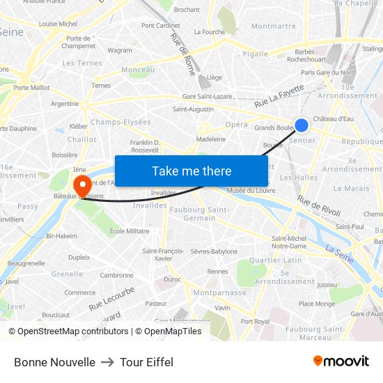 Bonne Nouvelle to Tour Eiffel map