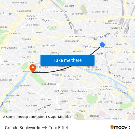 Grands Boulevards to Tour Eiffel map