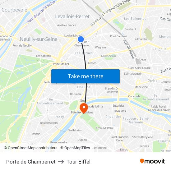 Porte de Champerret to Tour Eiffel map
