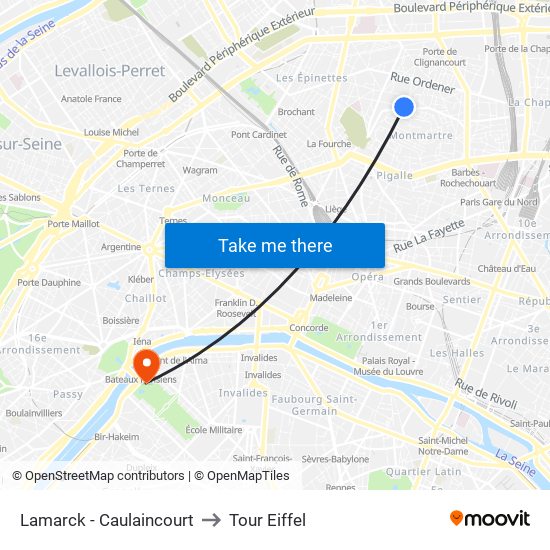 Lamarck - Caulaincourt to Tour Eiffel map