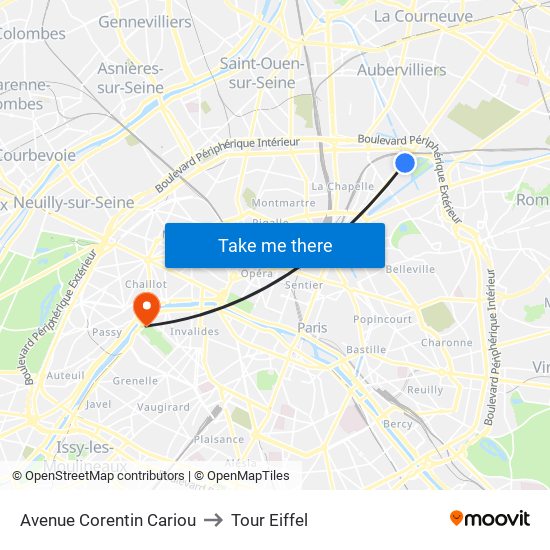 Avenue Corentin Cariou to Tour Eiffel map