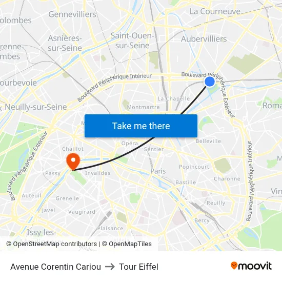 Avenue Corentin Cariou to Tour Eiffel map