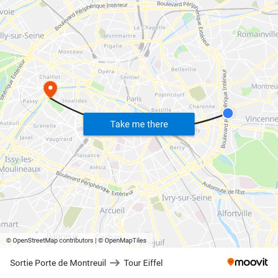Sortie Porte de Montreuil to Tour Eiffel map