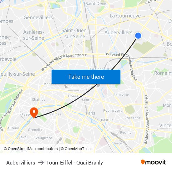 Aubervilliers to Tourr Eiffel - Quai Branly map