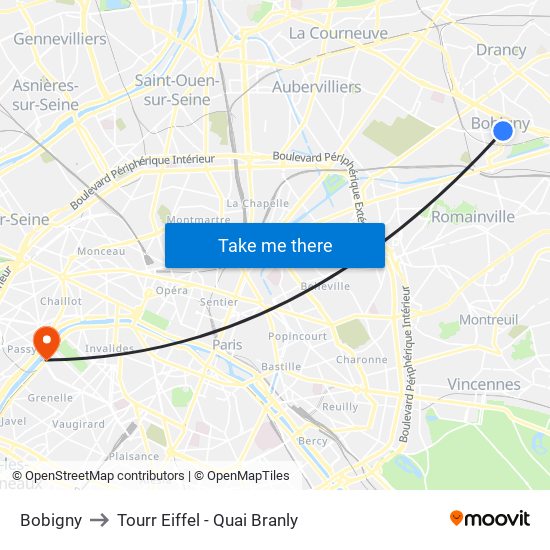 Bobigny to Tourr Eiffel - Quai Branly map