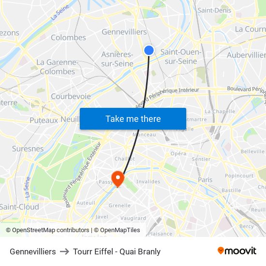 Gennevilliers to Tourr Eiffel - Quai Branly map