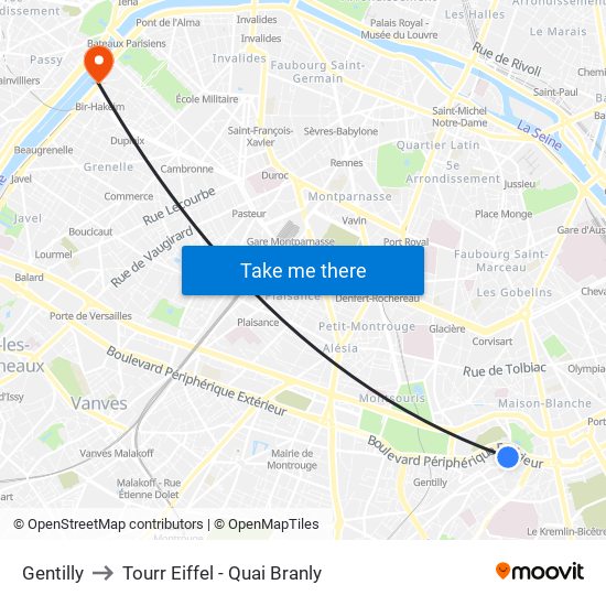 Gentilly to Tourr Eiffel - Quai Branly map