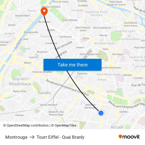 Montrouge to Tourr Eiffel - Quai Branly map