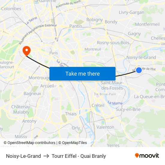 Noisy-Le-Grand to Tourr Eiffel - Quai Branly map