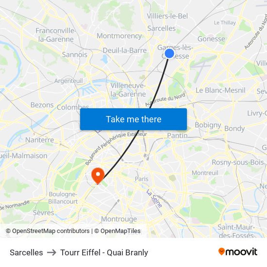 Sarcelles to Tourr Eiffel - Quai Branly map