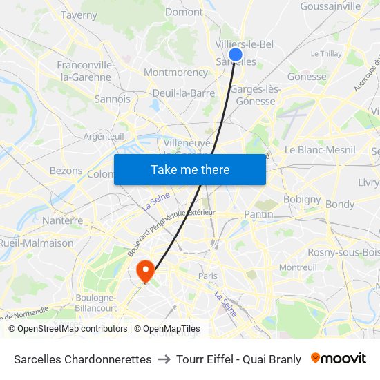 Sarcelles Chardonnerettes to Tourr Eiffel - Quai Branly map