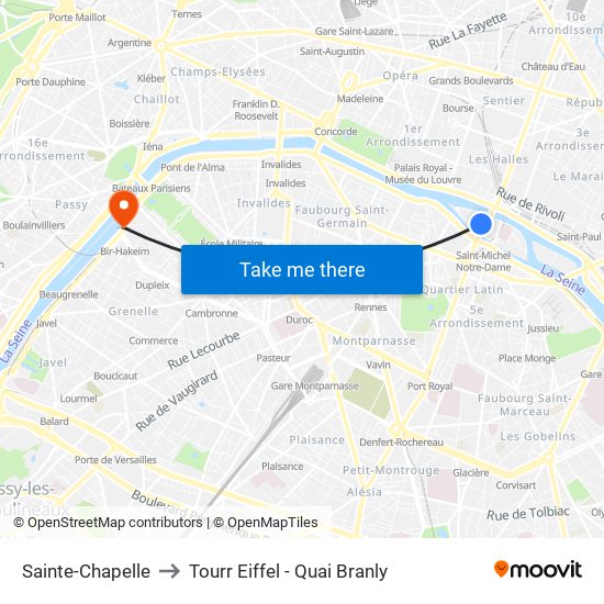 Sainte-Chapelle to Tourr Eiffel - Quai Branly map